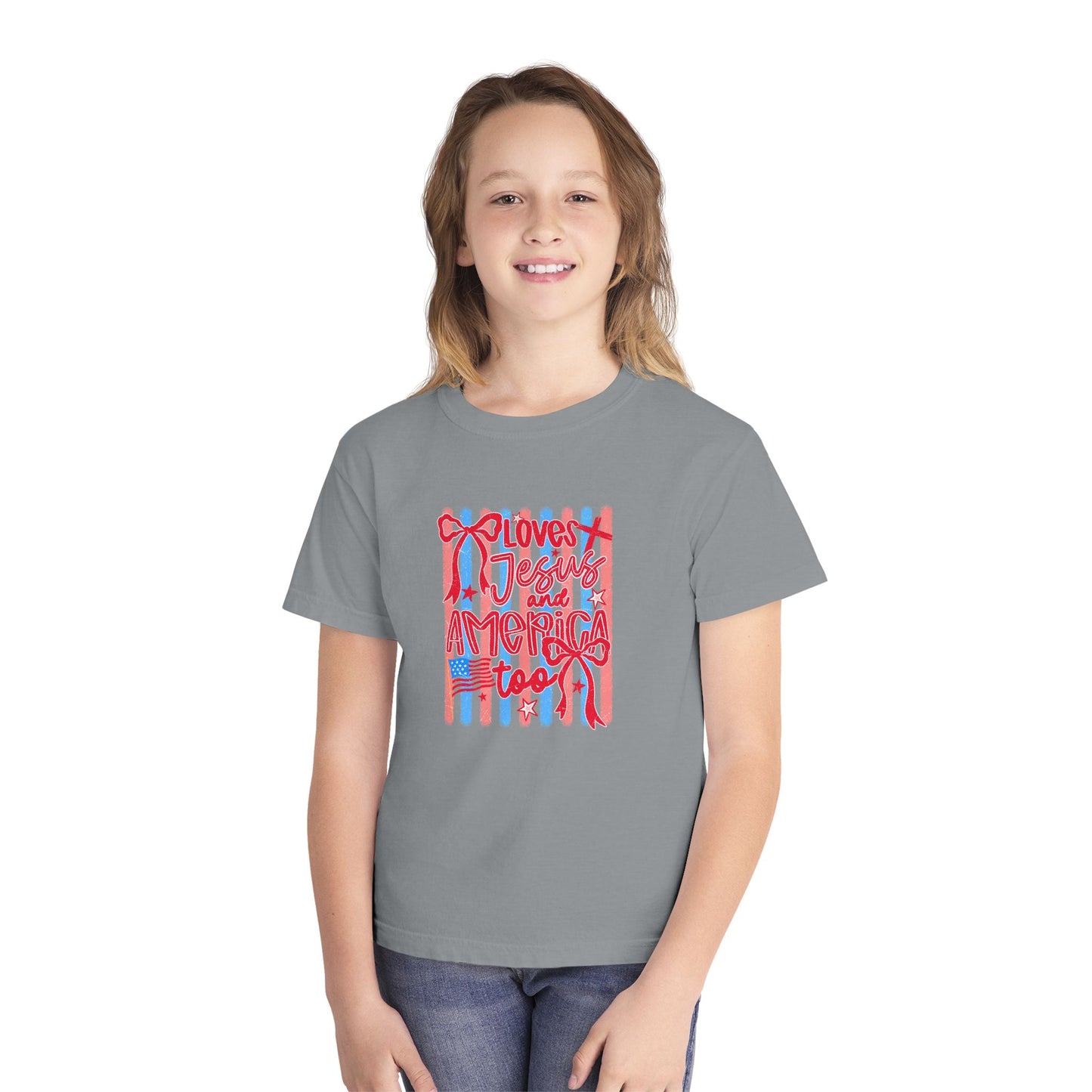 Youth Tee — "Loves Jesus and America Too"